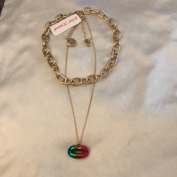 Betsey Johnson Gold Tone Layered 2PC Necklace Metallic Rainbow Lip Pendant NWT - Picture 14 of 15